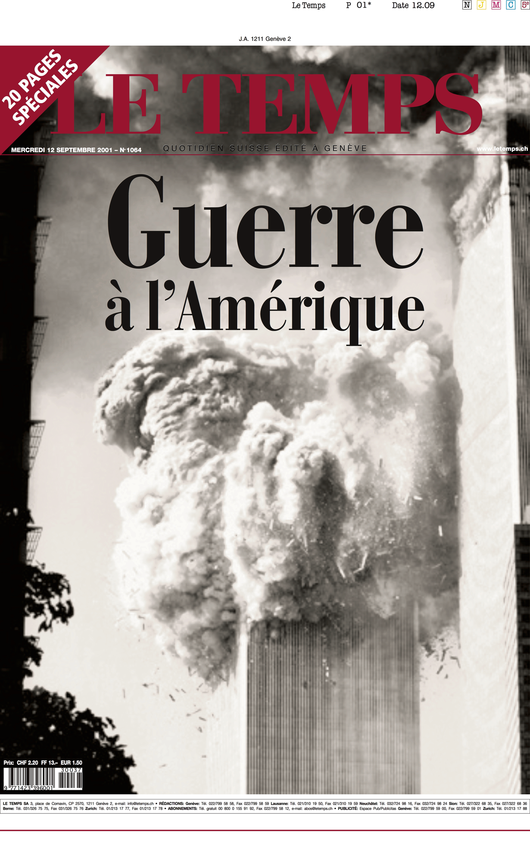 La Une du Temps, le 12 septembre 2001.